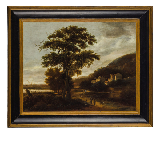 DIONYS VERBURG (attr. a) (Rotterdam, 1655 - 1722) <br>Paesaggio con figure <br>Siglato<br>Olio su ta