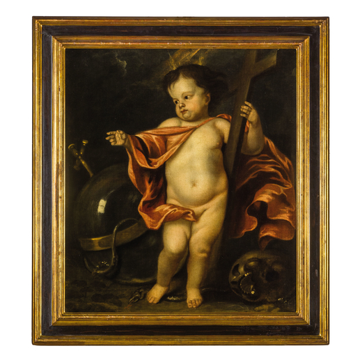 PIETER THIJS (attr. a) (Anversa, 1624 - 1677)<br>Gesù Bambino che trionfa sul male<br>Olio su tela,