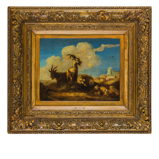 CAJETAN ROOS (attr. a) (Roma, 1690 - Vienna, 1770) <br>Gruppo di capre e pecore <br>Olio su tela, cm