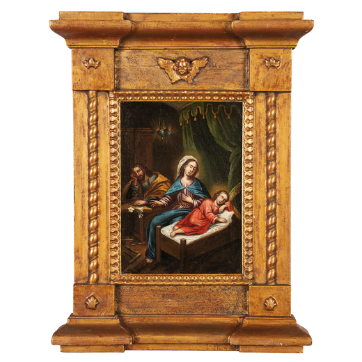 PITTORE FIAMMINGO DEL XVII SECOLO  Sacra Famiglia<br>Olio su tela, cm 39X27
