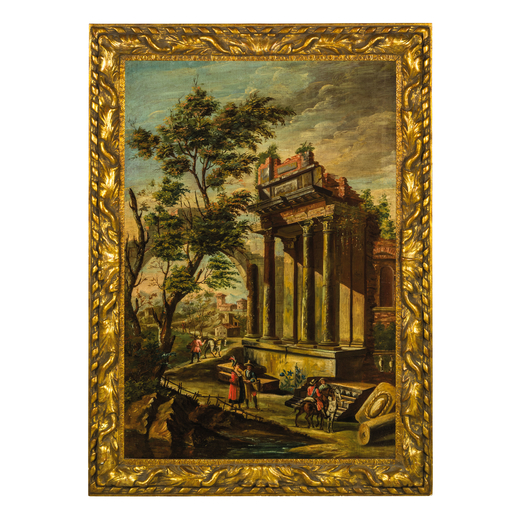 PITTORE ROMANO DEL XVIII SECOLO  Paesaggio con figure e rovine<br>Olio su tela, cm 115X79