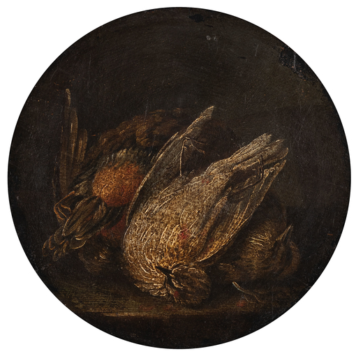 PITTORE DEL XVII SECOLO  Natura morta con uccelli<br>Olio su tela, diam cm 24 