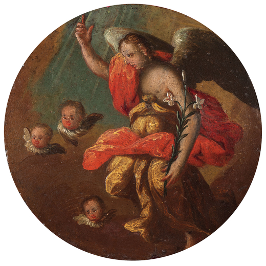 PITTORE DEL XVI - XVII SECOLO Angelo annunciante<br>Olio su tavola tonda, diam. cm 15