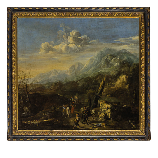 FRANCESCO GRAZIANI (attivo a Roma e Napoli XVIII secolo)<br>Paesaggio con briganti<br>Olio su tela, 