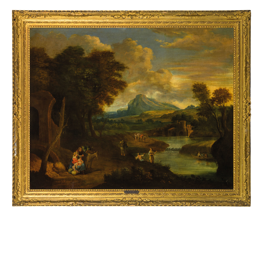 JEAN BAPTISTE TIERCE (attr. a) (Rouen, 1737 - Firenze, 1794?)<br>Paesaggio fluviale con figure<br>Ol