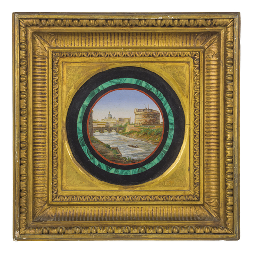 PLACCA IN MICROMOSAICO, ROMA, XIX SECOLO raffigurante una veduta di Castel SantAngelo dal Tevere ent