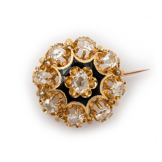 SPILLA IN ORO, SMALTO E DIAMANTI, SECOLO XIX modellata come un fiore impreziosito da diamanti taglio