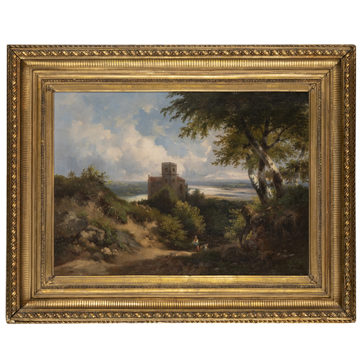 PITTORE DEL XIX SECOLO <br>Paesaggio con castello e figure <br>Firma non identificata e data 1861 in