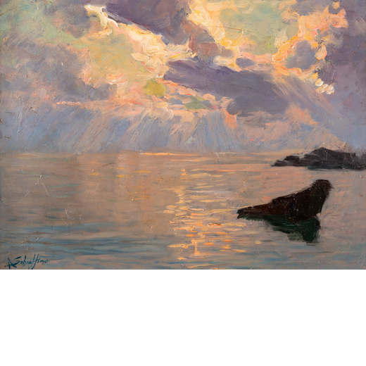 ANTONIO SCHIAFFINO Camogli, 1879 - Quarto, 1968<br>Marina al tramonto<br>Firmato A Schiaffino in bas