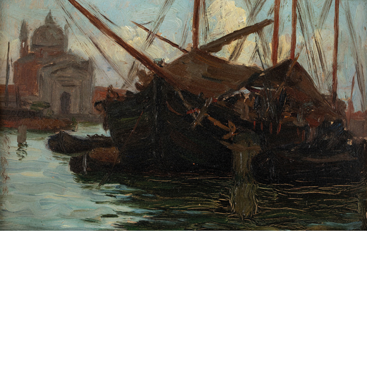 PITTORE DEL XIX SECOLO <br>Barca a Venezia<br>Olio su cartoncino, cm 17X25,5