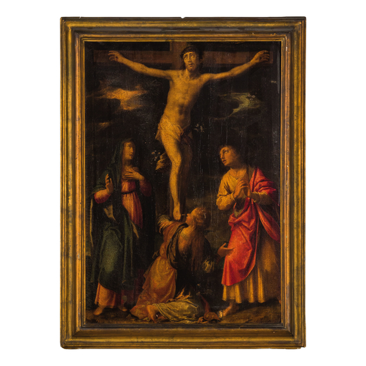 AURELIO LOMI  (Pisa, 1556 - 1623/1624)<br>Crocifissione<br>Olio su tela, cm 85X58