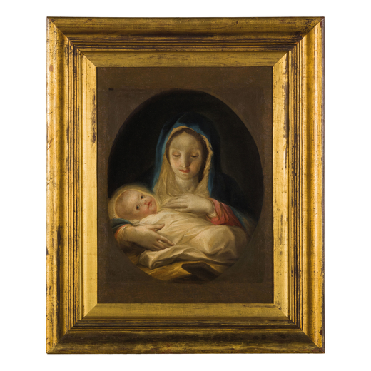 PITTORE VENETO DEL XVIII SECOLO Madonna con il Bambino<br>Olio su tela, cm 53X39