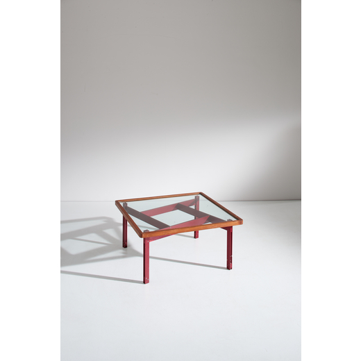 BRUNO MUNARI (ATTRIB. A) Tavolino. Alluminio anodizzato, cristallo molato, legno. Italia 1960 circa<