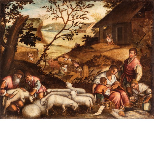 LEANDRO BASSANO (seguace di) (Bassano del Grappa, 1557 - Venezia, 1622)<br>Scena pastorale o Allegor