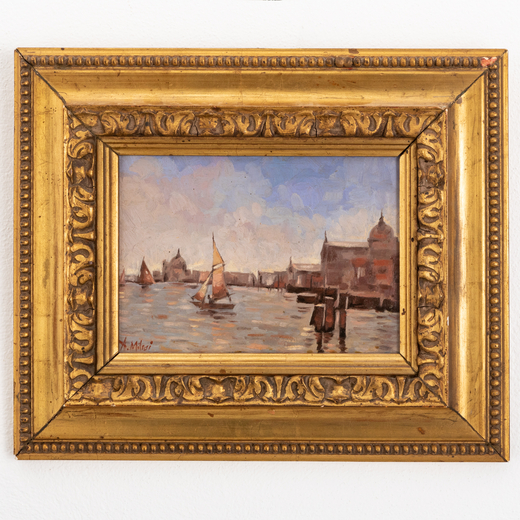 ALESSANDRO MILESI Venezia, 1856 ; 1945<br>Barche nella laguna  <br>Firmato A Milesi in basso a sinis