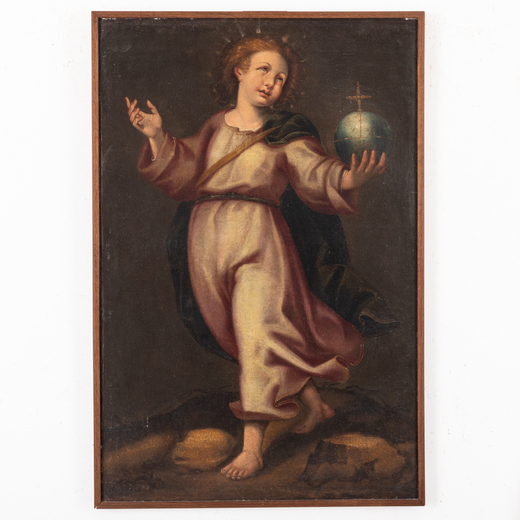 PITTORE DEL XVII SECOLO Gesù Bambino con globo<br>Olio su tela, cm 104,5X69
