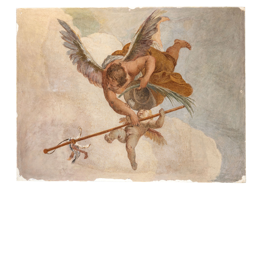 DECORATORE DEL XIX-XX SECOLO pannello raffigurante allegoria con arcangelo e putto<br>Affresco su te