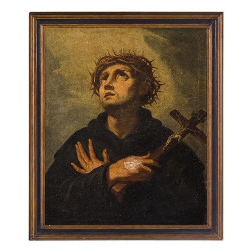 PITTORE DEL XVII SECOLO  Santo con crocefisso<br>Olio su tela, cm 73X59