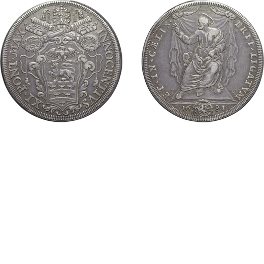 MONETE PAPALI. INNOCENZO XI (1676-1689). PIASTRA 1681 Argento, 31,82 gr, 44,5 mm. BB <br>D: INNOCENT