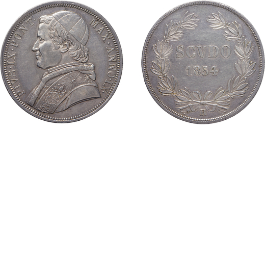 MONETE PAPALI. PIO IX (1846-1878). SCUDO 1854 Argento, 26,83 gr, 38 mm. SPL<br>D: Busto del Papa a s