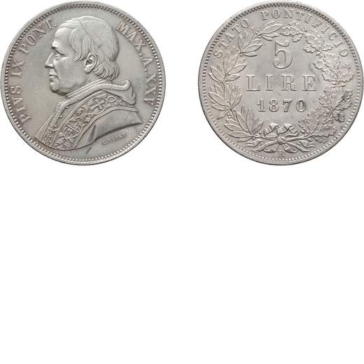 MONETE PAPALI. PIO IX (1846-1878). 5 LIRE 1870 Argento, 25,06 gr, 38 mm.Migliore di BB/q.SPL <br>D: 