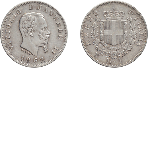 SAVOIA. VITTORIO EMANUELE II (1861-1878). 1 LIRA 1862  Napoli. Argento, 5,13 gr, 23 mm.BB<br>D: VITT