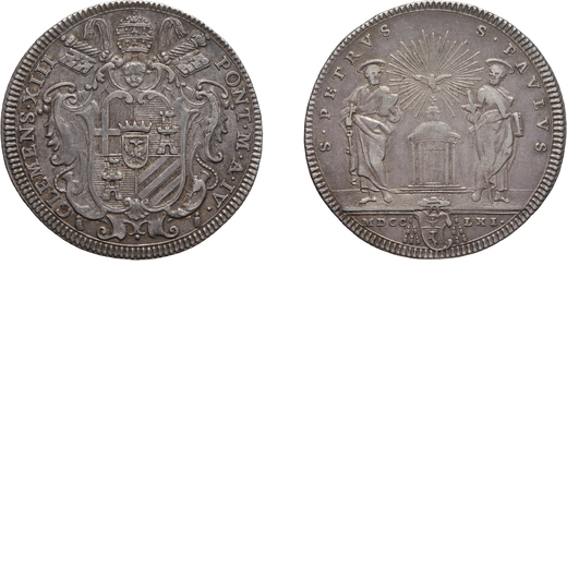MONETE PAPALI. CLEMENTE XIII (1758-1769). TESTONE 1761 Argento, 7,86 gr, 31 mm. BB <br>D: Stemma sor
