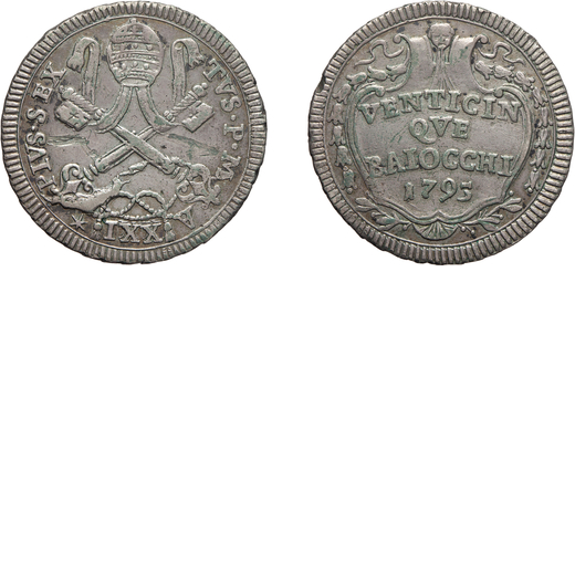 MONETE PAPALI. PIO VI (1775-1799). 25 BAIOCCHI 1795 Argento, 9,35 gr, 31,5 mm. BB <br>D: PIVS SEX ; 