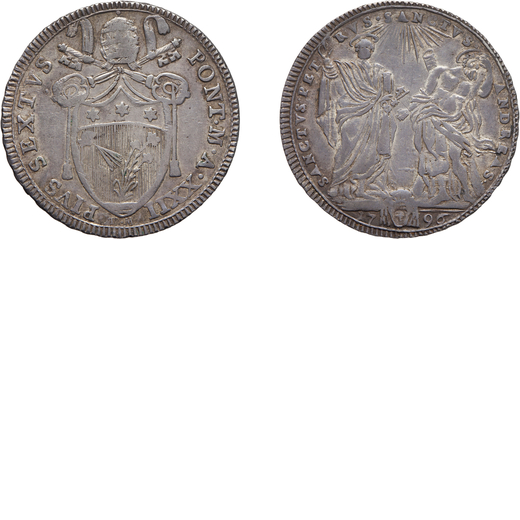 MONETE PAPALI. PIO VI (1775-1799). TESTONE 1796 Argento, 7,92 gr, 30 mm. BB <br>D: Stemma sormontato