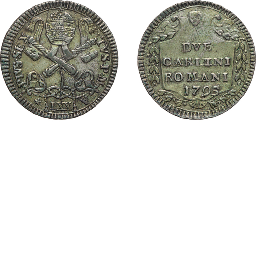 MONETE PAPALI. PIO VI (1775-1799). 2 CARLINI ROMANI 1795 Argento, 5,62 gr, 26 mm. Bel BB. <br>D: PIV