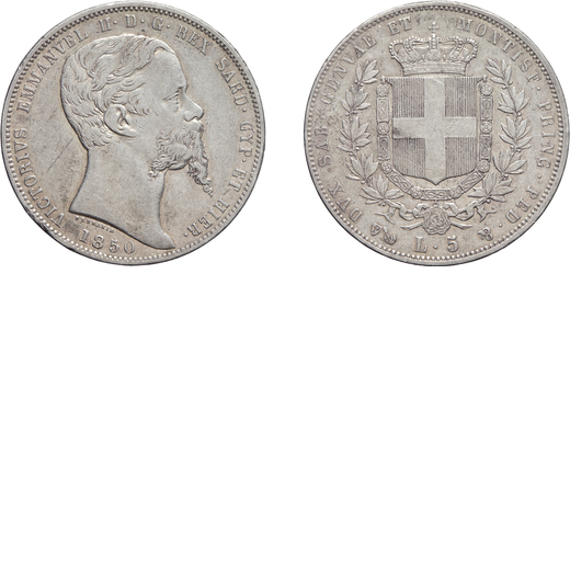 SAVOIA. VITTORIO EMANUELE II (1849-1861). 5 LIRE 1850 GENOVA Argento, 24,90 gr, 37 mm. MB+ <br>D: VI