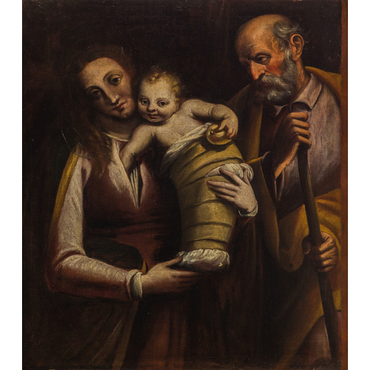 PIER FRANCESCO PIOLA (attr. a) (Genova, 1565 - 1600) <br>Sacra Famiglia<br>Olio su tela, cm 86X75