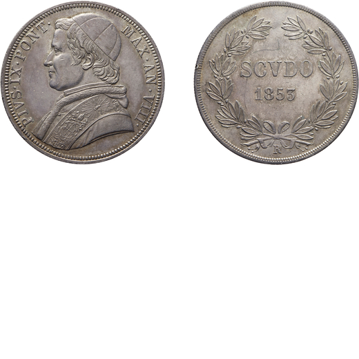 MONETE PAPALI. PIO IX (1846-1878). SCUDO 1853 Argento, 26,89 gr, 38 mm. SPL<br>D: Busto del Papa a s