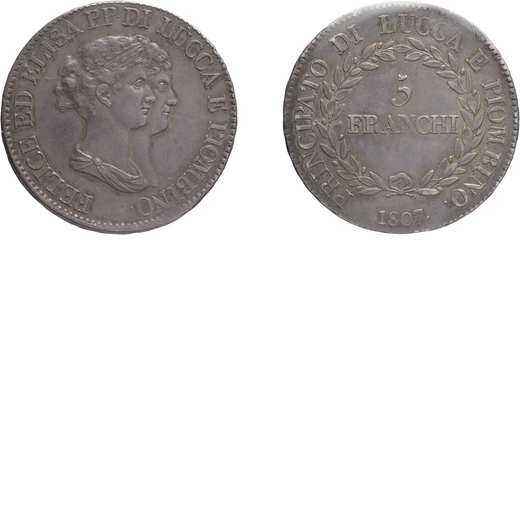 ZECCHE ITALIANE. LUCCA E PIOMBINO. 5 FRANCHI 1807 Argento, sigillata numismatica terziani. Buon BB<b