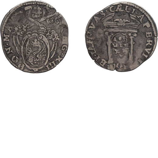 MOMETE PAPALI. GREGORIO XIII (1572-1585). GIULIO 1575  Macerata. Argento, 2,91 gr, 25x26 mm. Di gran
