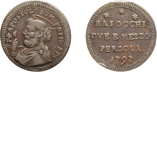 MONETE PAPALI. PIO VI (1775-1799). 2,5 BAIOCCHI 1797 Pergola. Bronzo, 14,46 gr, 30 mm. q.BB<br>D: S 