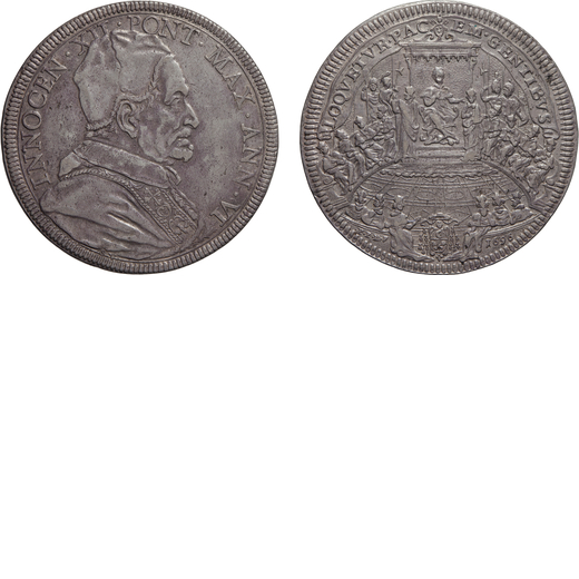 MONETE PAPALI. INNOCENZO XII (1691-1700). PIASTRA 1696 Argento, 31,95 gr, 46 mm. Buon BB.<br>D: INNO