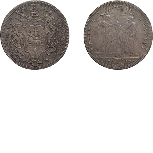 MONETE PAPALI. CLEMENTE XIV (1769-1774). TESTONE 1773 Argento, 7,95 gr, 31 mm. Delicata patina, migl