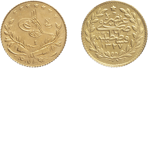 ZECCHE ESTERE. TURCHIA. ABDUL HAMID II. 25 KURUSH Oro, 1,50 gr, 15 mm. BB+ <br>D: Corona formata da 