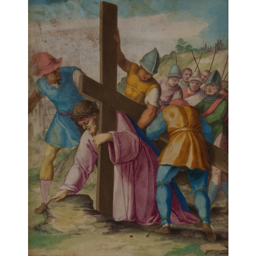 GIOVANNI BATTISTA CASTELLO (Genova, 1547-1637) <br>Cristo caduto <br>Matita e acquerello, cm 22,8X17