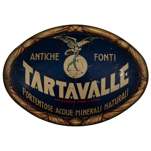 Antiche Fonti Tartavalle, Valsassina-Como Insegna Latta Litografata<br>[Forma Ovale]<br>Prodotta dal