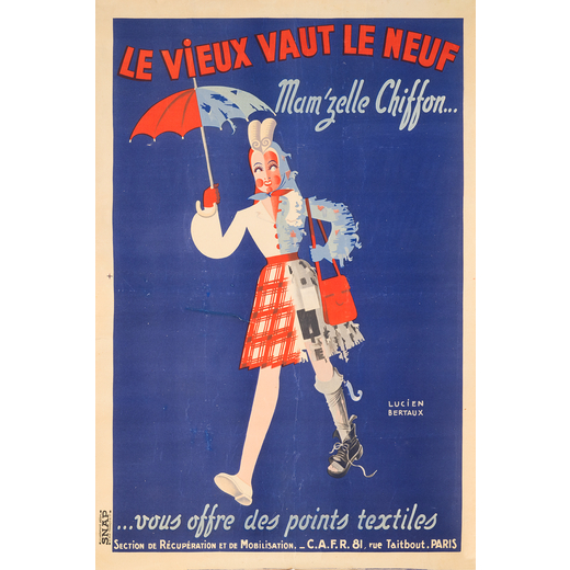 Le Vieux Vaut le Neuf, Mademoiselle Chiffon  Manifesto Pubblicitario<br>by Bertaux Lucien ; Edito SN