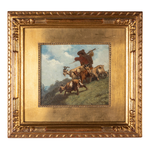 GIUSEPPE PALIZZI (ATTR. A) Lanciano, 1812 - Parigi, 1888<br>Scena agreste<br>Olio su cartone, cm 16X