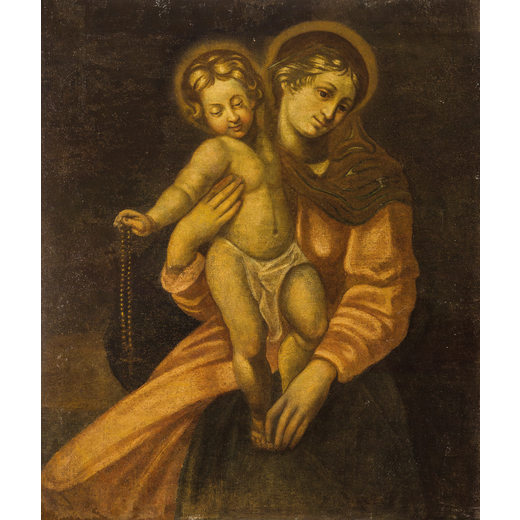 PITTORE EMILIANO DEL XVII-XVIII SECOLO Madonna con il Bambino<br>Olio su tela, cm 115X98