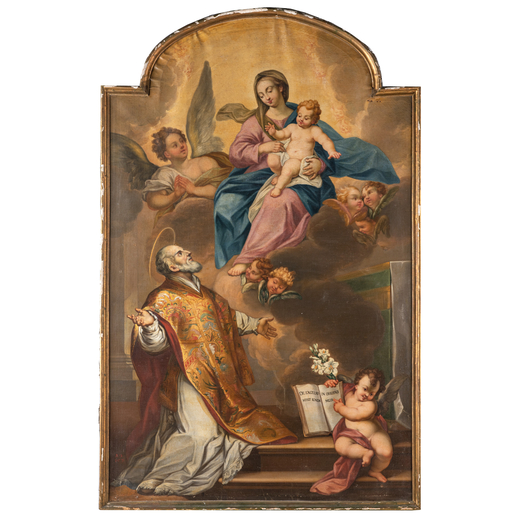PITTORE DEL XIX SECOLO Madonna con Bambino e santo<br>Olio su tela, cm 222X147