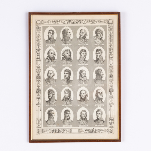 CINQUE STAMPE, XIX SECOLO con profili di personaggi diversi, in cornice moderna; usure, macchie, ond