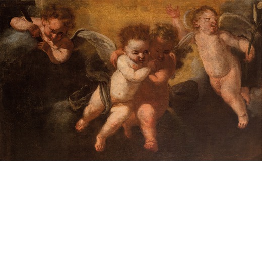 PITTORE DEL XVII SECOLO Angeli<br>Olio su tela, cm 68X112