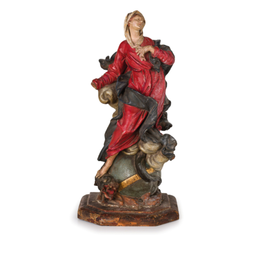 GRUPPO IN TERRACOTTA DIPINTA, XIX SECOLO raffigurante lAssunzione della Vergine, base in legno forse