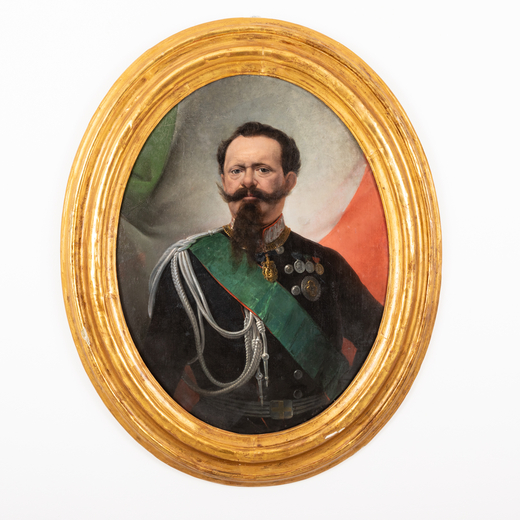 PITTORE DEL XIX SECOLO <br>Ritratto di Vittorio Emanuele II<br>Olio su tela, cm 105X81 