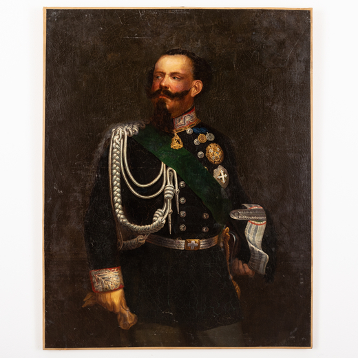 PITTORE DEL XIX SECOLO <br>Ritratto di Vittorio Emanuele II<br>Olio su tela, cm 124X96,5